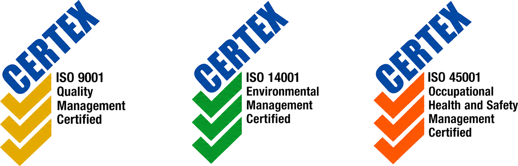 CERTEX certified to ISO 9001 Quality Management, ISO 14001 Environmental Management, and ISO 45001 Occupational Health and Safety Management
