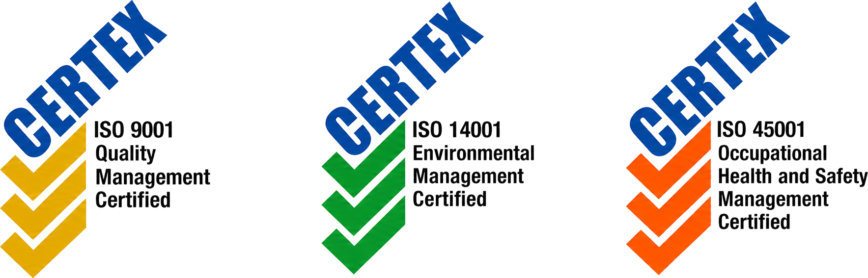 CERTEX certified to ISO 9001 Quality Management, ISO 14001 Environmental Management, and ISO 45001 Occupational Health and Safety Management